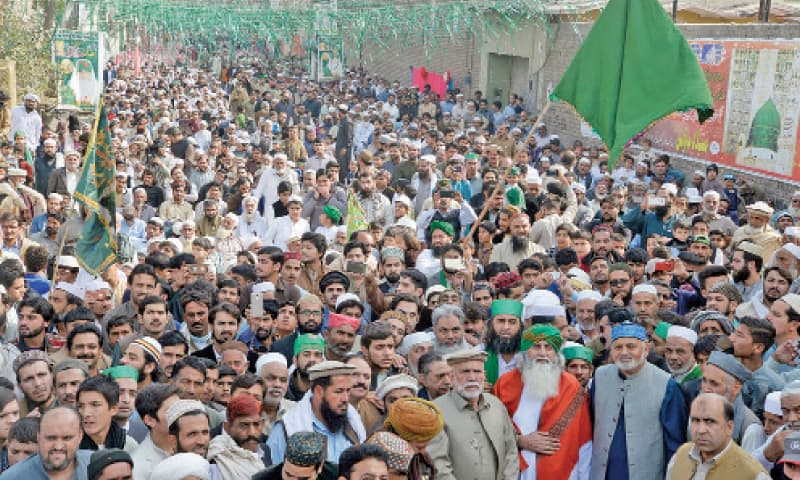 Eid Milad procession passes through Gulbahar Road, Peshawar, on Wednesday. — White Star Eid Milad procession passes through Gulbahar Road, Peshawar, on Wednesday. — White Star