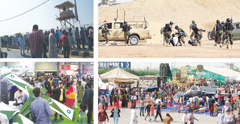 KARACHI: (clockwise) People wait in long queues outside the Expo Centre to witness the tenth International Defence Exhibition and Seminar on Friday. Pakistan Army soldiers demonstrate a counterterrorism exercise. A view of the exhibition. A visitor poses for a picture next to an aircraft.&mdash;Photos by Writer/Agencies