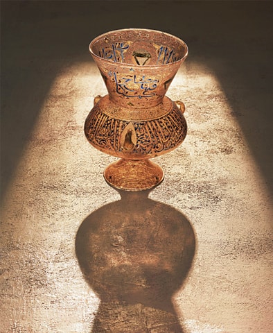 Mosque lamp with verse of light from the Quran and titles of person commissioning lamp (1322- 1328)