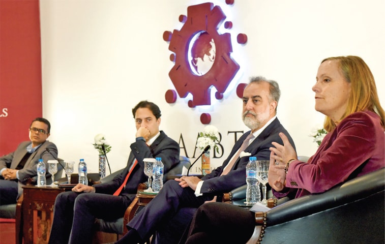 World Bank Manager Operations Melinda Good speaks at the panel discussion on Friday. Co-founder and partner at TeamUp Zuhair Khalique, President and CEO GE Pakistan, Central Asia Region, Sarim Sheikh and Hasaan Khawar, an international development and public relations professional, are also seen. &mdash; White Star