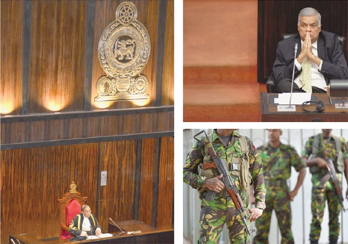 Colombo: Speaker of the Sri Lankan parliament Karu Jayasuriya (left) sitting during a crucial session on Wednesday. Ousted prime minister Ranil Wickremesinghe (top right) in deep thought during the parliamentary session. Soldiers stand guard near the supreme court.—AFP