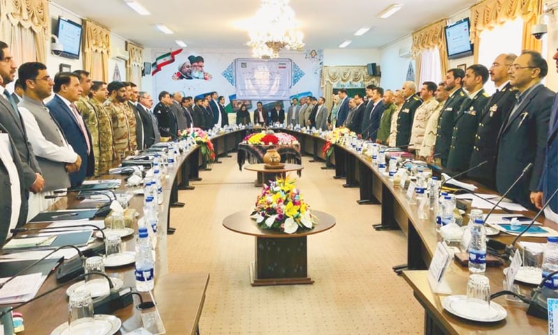 Zahidan: The Pakistan delegation, led by Balochistan Chief Secre­tary Dr Akhtar Nazeer, and the Iranian side, headed by Deputy Gover­nor for Security of Sistan-Balu­chestan Mohammad Hadi Marshi, pictured before the meeting on Thursday.