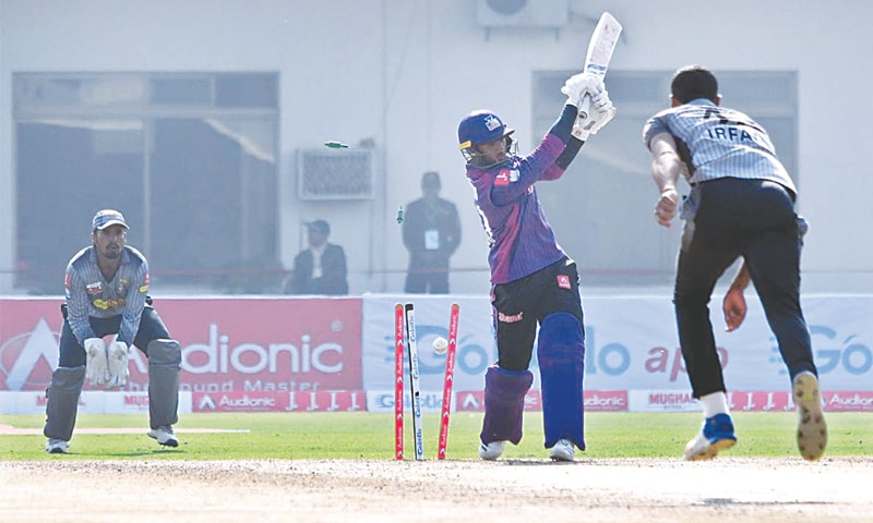 MULTAN: Fata paceman Mohammad Irfan Jr shatters stumps of Multan all-rounder Mohammad Imran in the National T20 Cup encounter at the Multan Cricket Stadium on Saturday.&mdash;APP