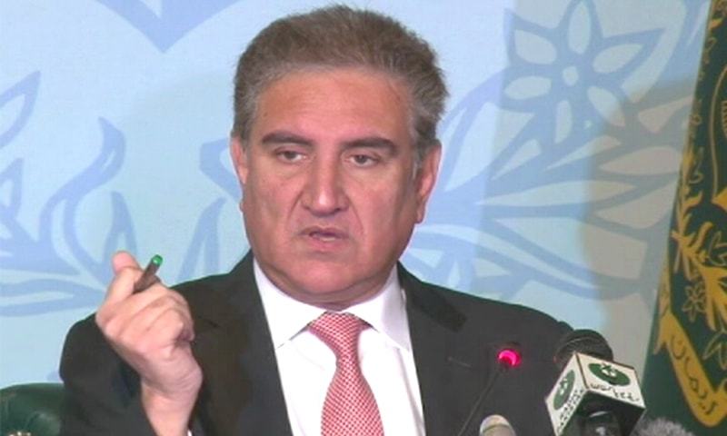 Foreign Minister Shah Mahmood Qureshi addresses a press conference on Sunday. — DawnNewsTV