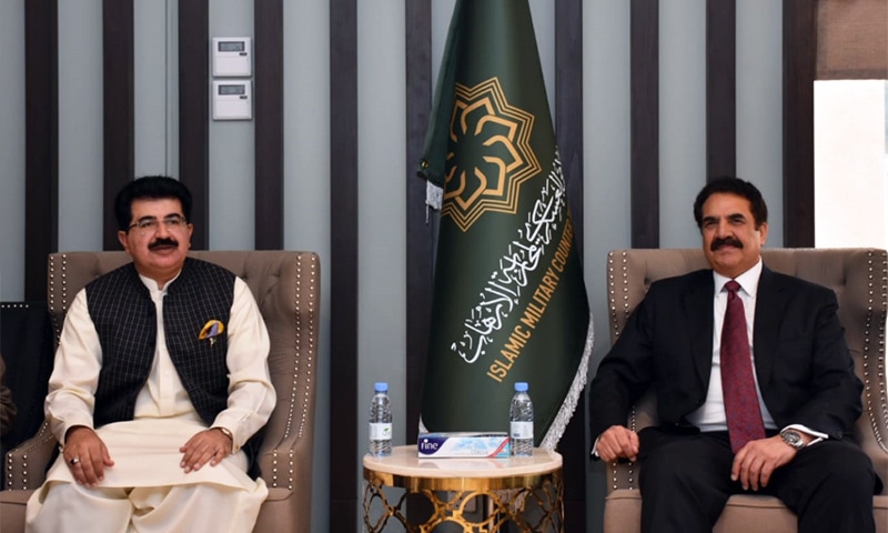 Former army chief retired Gen Raheel Sharif in a meeting with Senate Chairman Sadiq Sanjrani in Saudi Arabia. —Photo: Senate Secretariat