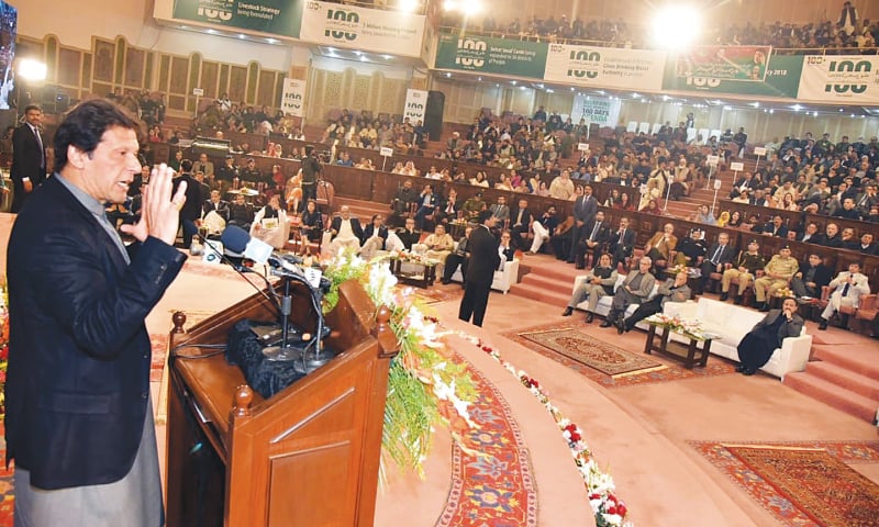 Lahore: Prime Minister Imran Khan addresses a gathering to unveil the government’s 100-day agenda for Punjab at Aiwan-i-Iqbal on Saturday.