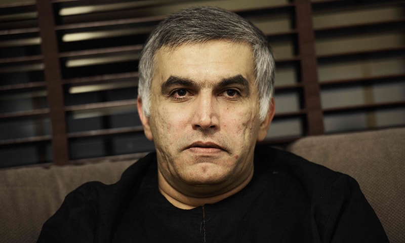 In this file photo taken on November 2, 2014 Bahraini human rights activist Nabeel Rajab sits at his home in the village of Bani Jamrah, West of Manama. &mdash; AFP