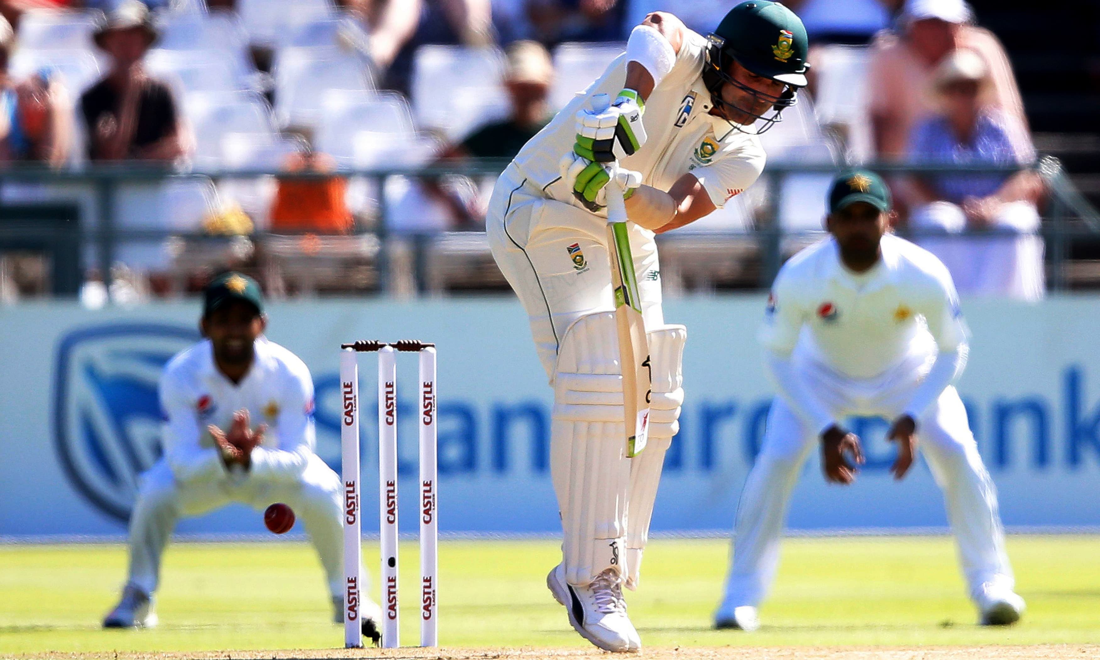 South African batsman Dean Elgar plays a shot. —AFP