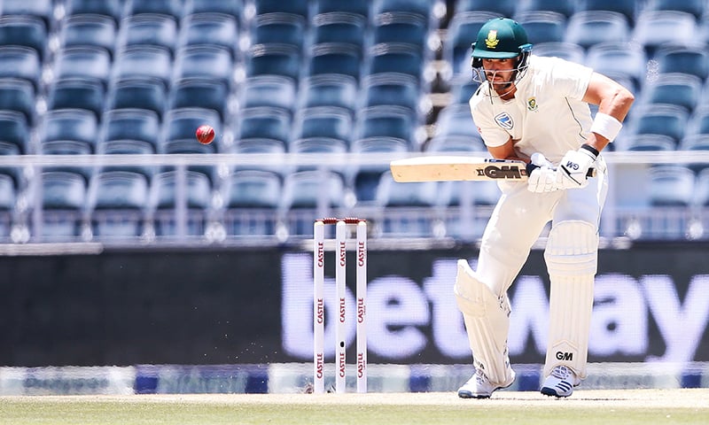 South African batsman Aiden Markram plays a shot during the first day of the third Cricket Test match.&mdash;AFP