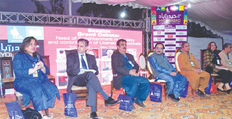 PLAYWRIGHT Noorul Huda Shah speaks to the audience during a session at the Hyderabad Literature Festival on Friday.—Dawn PLAYWRIGHT Noorul Huda Shah speaks to the audience during a session at the Hyderabad Literature Festival on Friday.—Dawn