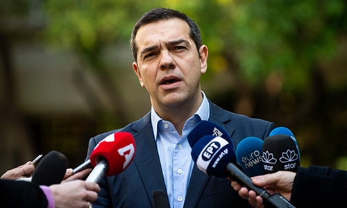 Greek Prime Minister Alexis Tsipras makes statement to the media after meeting with Greek Defense Minister and coalition partner Panos Kammenos in Athens on January 13, 2019. — AFP Greek Prime Minister Alexis Tsipras makes statement to the media after meeting with Greek Defense Minister and coalition partner Panos Kammenos in Athens on January 13, 2019. — AFP