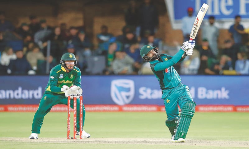 Mohammad Hafeez hits a six during his innings.—AFP