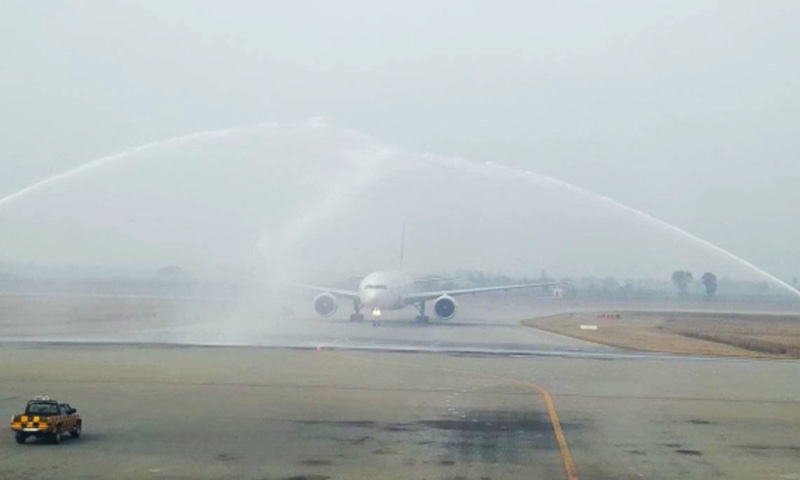 PIA flight PK-720 being given a water cannon salute. — Photo provided by author