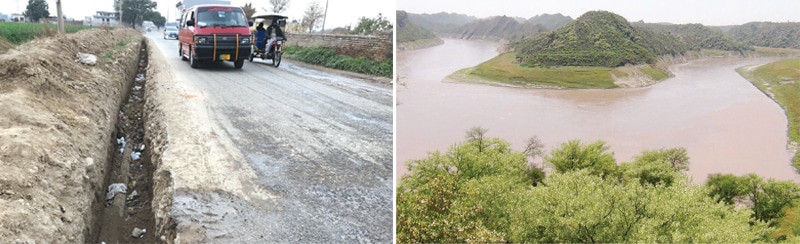 Trenches dug up for installing supply lines have been left unattended. The other picture shows Jhelum River at Dahan Gali. &mdash; Dawn