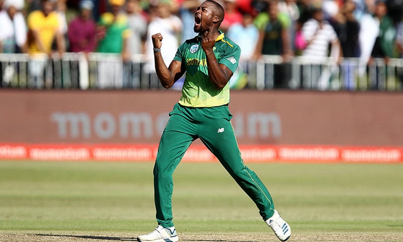 Andile Phehlukwayo of South Africa celebrates a wicket. — AFP