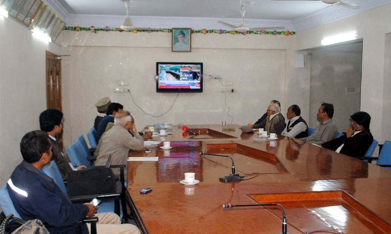 trade and industry leaders took keen interest in the mini-budget announcement on Wednesday. Here a group of businessmen at the Hyderabad Chamber of Commerce and Industry listens as the finance minister spells out the incentives for business.