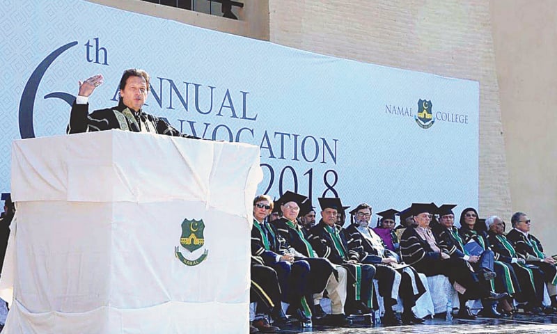 MIANWALI: Prime Minister Imran Khan addressing the convocation on Sunday.&mdash;APP