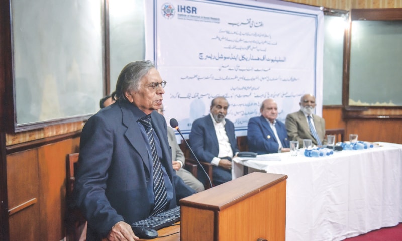 DR Mubarak Ali speaks at the event on Monday.&mdash;White Star