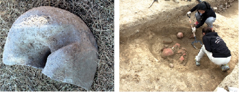 A stone object discovered from the prehistoric site. The other picture shows Chinese researchers excavating the site near Bhalot. — Dawn