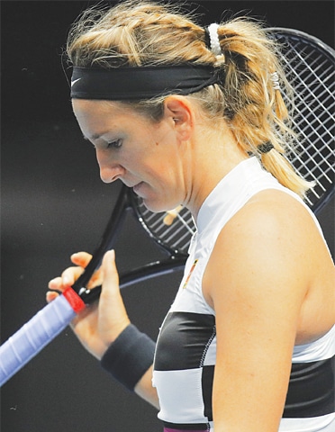 ST PETERSBURG: Victoria Azarenka of Belarus gestures during the St. Petersburg Ladies Trophy match against Czech Republic&rsquo;s Petra Kvitova.&mdash;AP