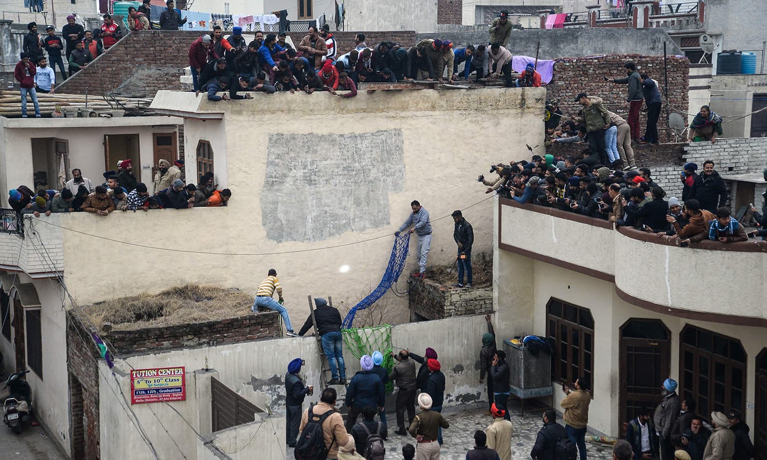 Forest Department workers try to catch a leopard that has attacked residents in Lamba Pind area in Jalandhar on January 31, 2019. ─ AFP