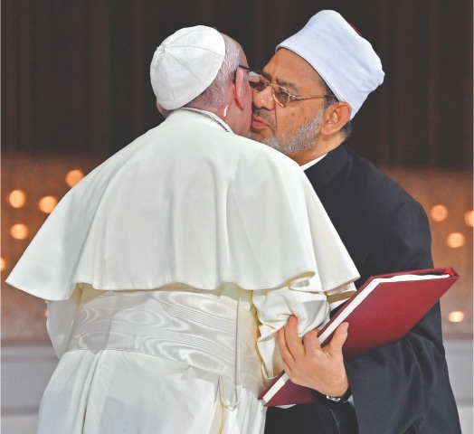 ABU DHABI: Aircraft fly over the presidential palace (top) during a reception for Pope Francis. The pontiff and the Grand Imam of Egypt’s Al Azhar, Sheikh Ahmed al-Tayeb (bottom right), kiss each other as they exchange documents during the Founders’ Memorial event. Dubai’s ruler Sheikh Mohammed bin Rashid Al-Maktoum (bottom left) delivers a speech at the event.—AFP