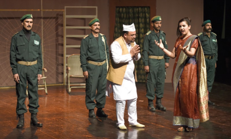 A scene from the play Aye Mere Kashmir staged at PNCA on Tuesday. The other picture shows girls clad in traditional costumes performing during the Kashmir Cultural Festival. &mdash; White Star