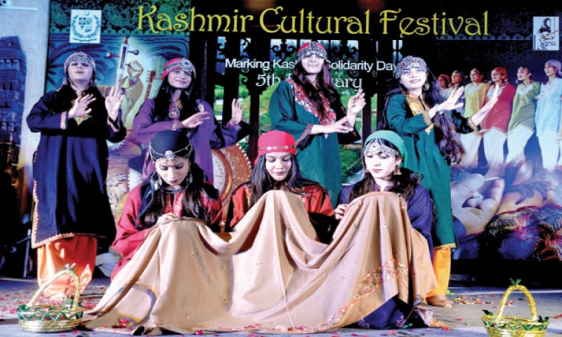 A scene from the play Aye Mere Kashmir staged at PNCA on Tuesday. The other picture shows girls clad in traditional costumes performing during the Kashmir Cultural Festival. &mdash; White Star