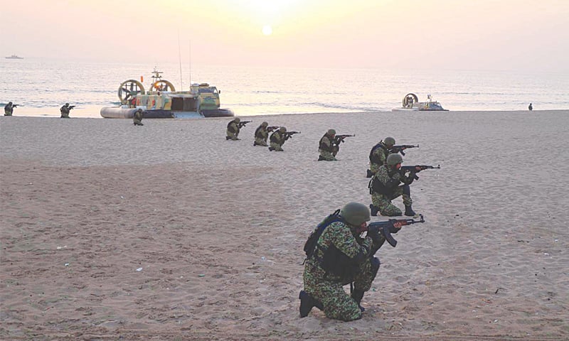 KARACHI: Personnel of the Special Services Group take part in a mock operation held in connection with the ongoing Aman-2019 Exercise.&mdash;Online