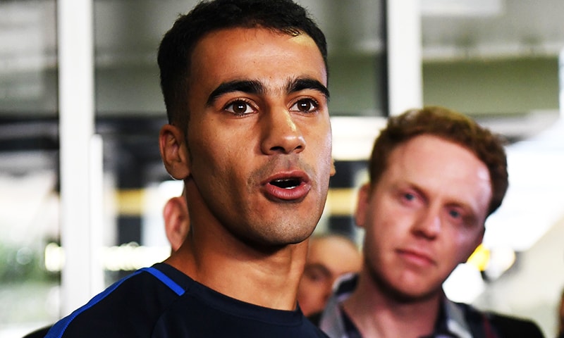 Footballer Hakeem al-Araibi speaks to the media upon his arrival at the airport in Melbourne.&mdash;  AFP