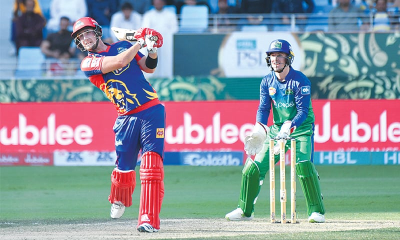 DUBAI: Karachi Kings’ opener Liam Livingstone hits out during the Pakistan Super League match against Multan Sultans at the Dubai International Cricket Stadium on Friday.—courtesy PSL