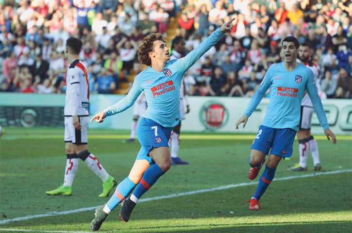 MADRID: Atletico Madrid’s Antoine Griezmann celebrates after scoring against Rayo Vallecano during their La Liga match at the Campo de Futbol de Vallecas.—Reuters