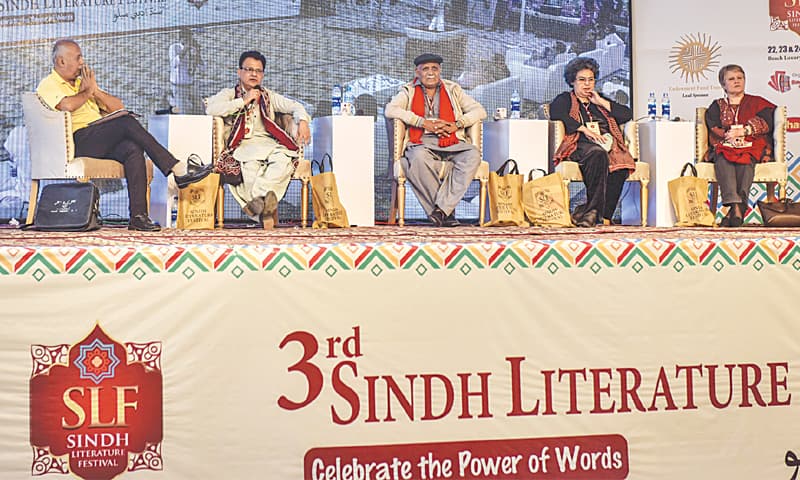 WUSATULLAH Khan, Ayaz Latif Palijo, Lal Khan, Ghinwa Bhutto and Bushra Gohar at the SLF&rsquo;s second day on Saturday.&mdash;Fahim Siddiqi / White Star