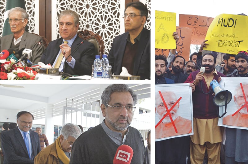 GOVERNMENT ministers, leaders of opposition parties and common Pakistanis spoke with one voice on Tuesday against violation of the country’s airspace by Indian aircraft. (Clockwise from top) Foreign Minister Shah Mehmood Qureshi addresses a press conference as Defence Minister Pervez Khattak and Finance Minister Asad Umar look on; people shout slogans against India during a demonstration in Peshawar; and, opposition leaders Shahid Khaqan Abbasi, Khawaja Mohammad Asif and Ahsan Iqbal leave the parliament after asserting on the floor of the house that the nation was united in the face of aggression.—Agencies