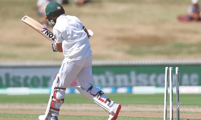 HAMILTON: Bangladesh opener Shadman Islam is cleaned up during the first Test against New Zealand at Seddon Park on Thursday.—AFP HAMILTON: Bangladesh opener Shadman Islam is cleaned up during the first Test against New Zealand at Seddon Park on Thursday.—AFP