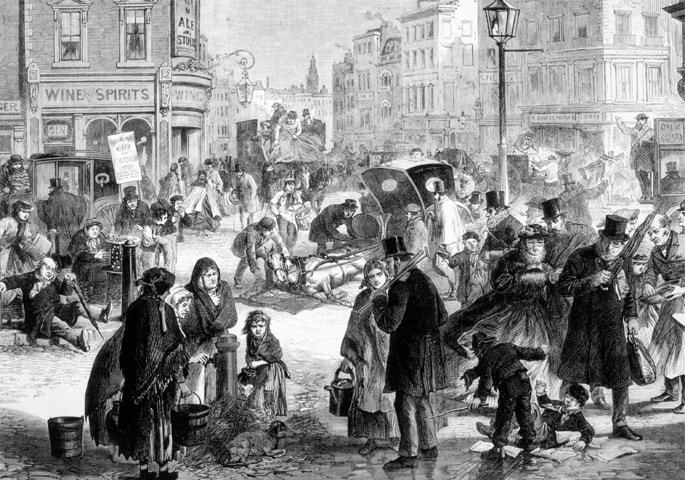 Hard frost on the streets of London, engraving from ‘The Illustrated London News’, 1865.