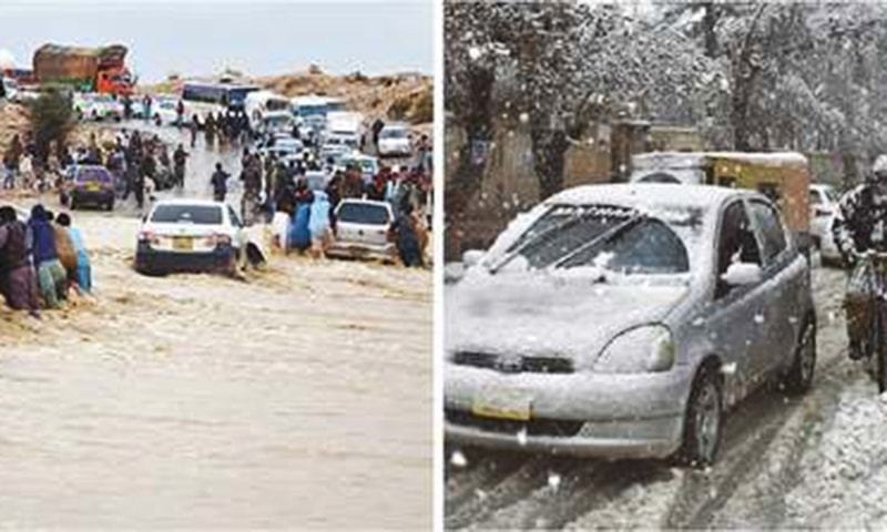 Quetta: Motorists (left) face inconvenience due to flooding in C-Avenue on Saturday and (right) people commute during heavy snowfall. —Agencies/File