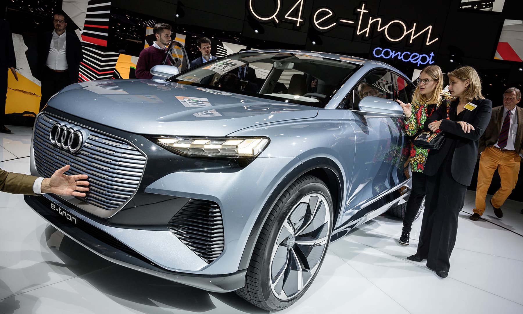 A new Audi Q4 e-tron model car is seen at the booth of the German carmaker during a press day ahead of the Geneva auto show. &mdash; AFP