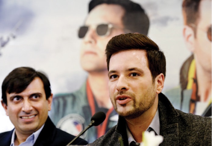 Actor Mikaal Zulfiqar speaks at the press briefing on Wednesday. The film&rsquo;s producer, Noman Khan, is also seen. &mdash; White Star