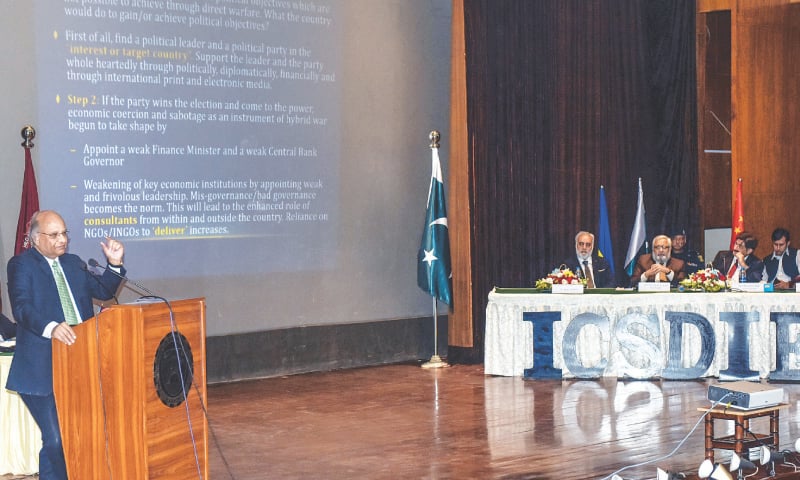 DR Ashfaque Hasan Khan speaks at the conference at NED University on Friday.—Fahim Siddiqi/White Star