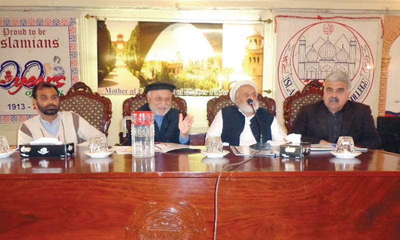 Saadullah Jan Barq addressing an event in Peshawar. Saadullah Jan Barq addressing an event in Peshawar.