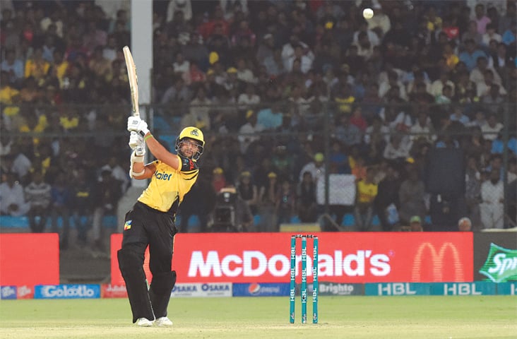KARACHI: Peshawar Zalmi opener Imam-ul-Haq plays an uppish stroke during the Pakistan Super League eliminator against Islamabad United at the National Stadium on Friday.—Tahir Jamal/White Star