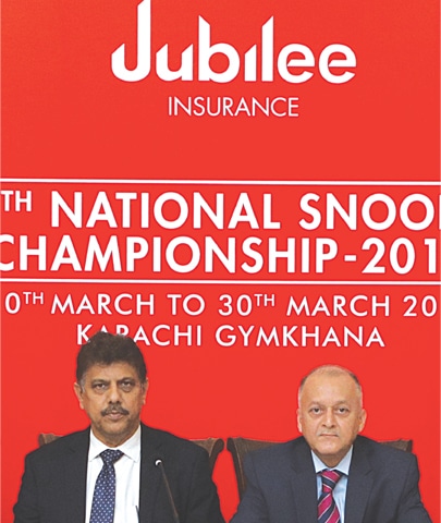 KARACHI: Pakistan Billiards and Snooker Federation (PBSF) President Munawwar Hussain Shaikh flanked by Tahir Ahmed of Jubilee Insurance addresses a press conference at Karachi Gymkhana on Monday to unveil details of the 44th National Snooker Championship.