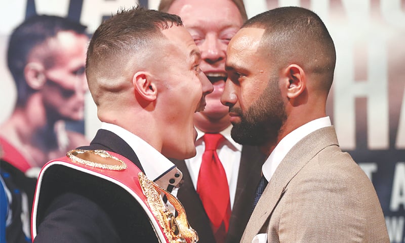 LEEDS: British boxers Josh Warrington (L) and Abdul-Bari Awad, best known by his nickname of ‘Kid Galahad’, come head to head during a press conference at Carriageworks Theatre on Tuesday.—Reuters LEEDS: British boxers Josh Warrington (L) and Abdul-Bari Awad, best known by his nickname of ‘Kid Galahad’, come head to head during a press conference at Carriageworks Theatre on Tuesday.—Reuters