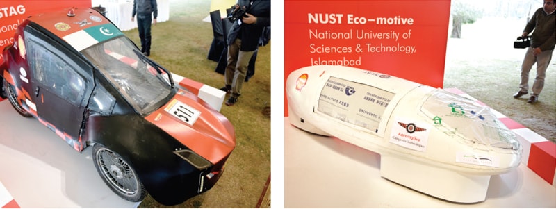 Innovative vehicles on display at the send-off event held for students who will be participating in the Shell Eco-Marathon Asia 2019 taking place next month in Kaula Lumpur in Malaysia. — Photos by Tanveer Shahzad