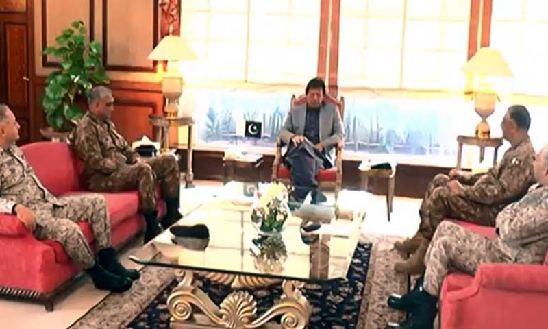 All three services chiefs and chairman Joint Chiefs of Staff called on Prime Minister Khan on Wednesday. — Photo courtesy Radio Pakistan All three services chiefs and chairman Joint Chiefs of Staff called on Prime Minister Khan on Wednesday. — Photo courtesy Radio Pakistan