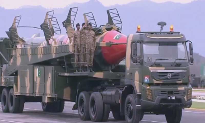 Ghauri Missile is paraded in front of the audience. — DawnNewsTV