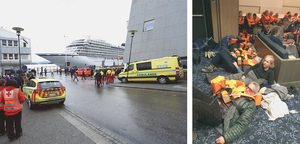 NORWEGIAN cruise ship Viking Sky (left) arrives at a port in Norway on Sunday after it got stranded off the country’s western coast in heavy seas the previous day. Rescue helicopters winched more than 475 passengers one-by-one to safety as heaving waves tossed the ship from side to side and high winds buffeted the operation. The vessel at last departed for the nearby Molde port under escort and with nearly 900 people still on board.—AP