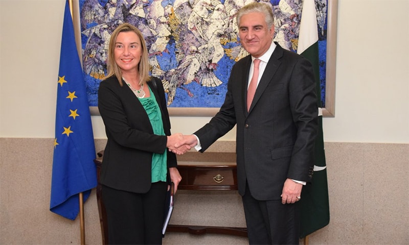 High Representative of the European Union for Foreign Affairs and Security Policy Federica Mogherini and Foreign Minister Shah Mahmood Qureshi shake hands ahead of their meeting in Islamabad. &mdash; PTI Twitter