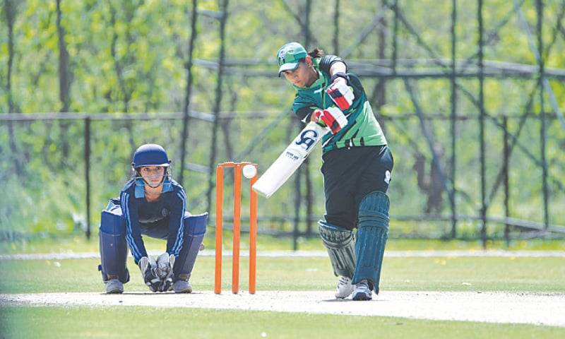 STATE Bank&rsquo;s Iram Javed hits over the top against HEC 
during the Inter-departmental T20 Women&rsquo;s Cricket Championship match at the Diamond Club Ground 
on Saturday.&mdash;Courtesy PCB